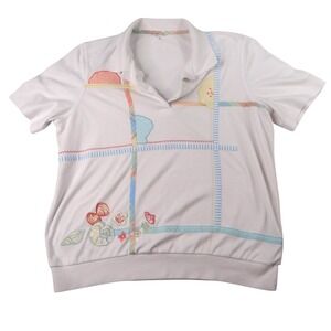 Vintage‎ White Polo Shirt Colorful Geometric Print Women's Size Medium
